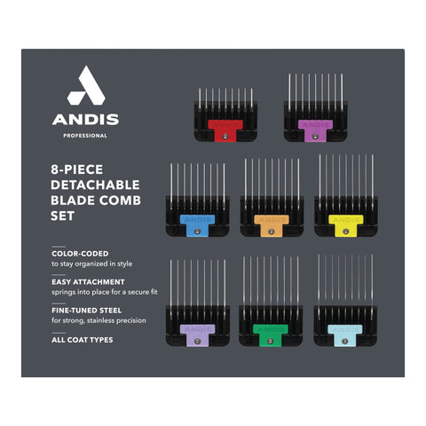 Andis 8 pc Universal Stainless Steel Spring-Loaded Color-Coated Comb Set